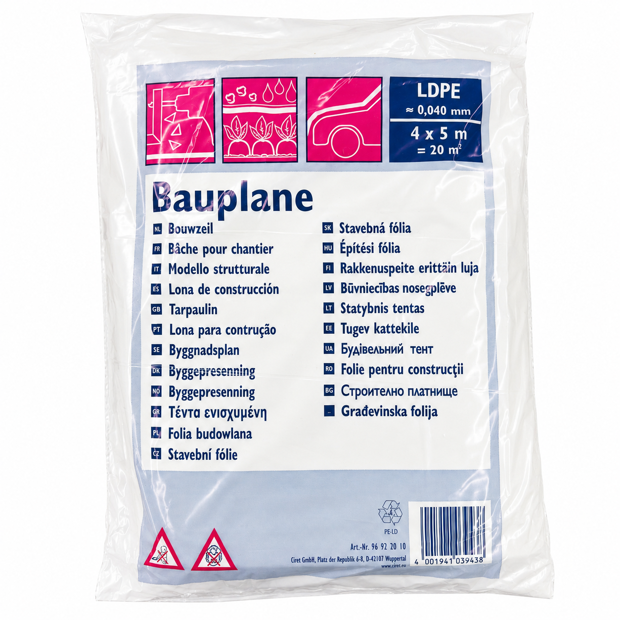 Bauplane LDPE 40 my 4x5 m transluzent